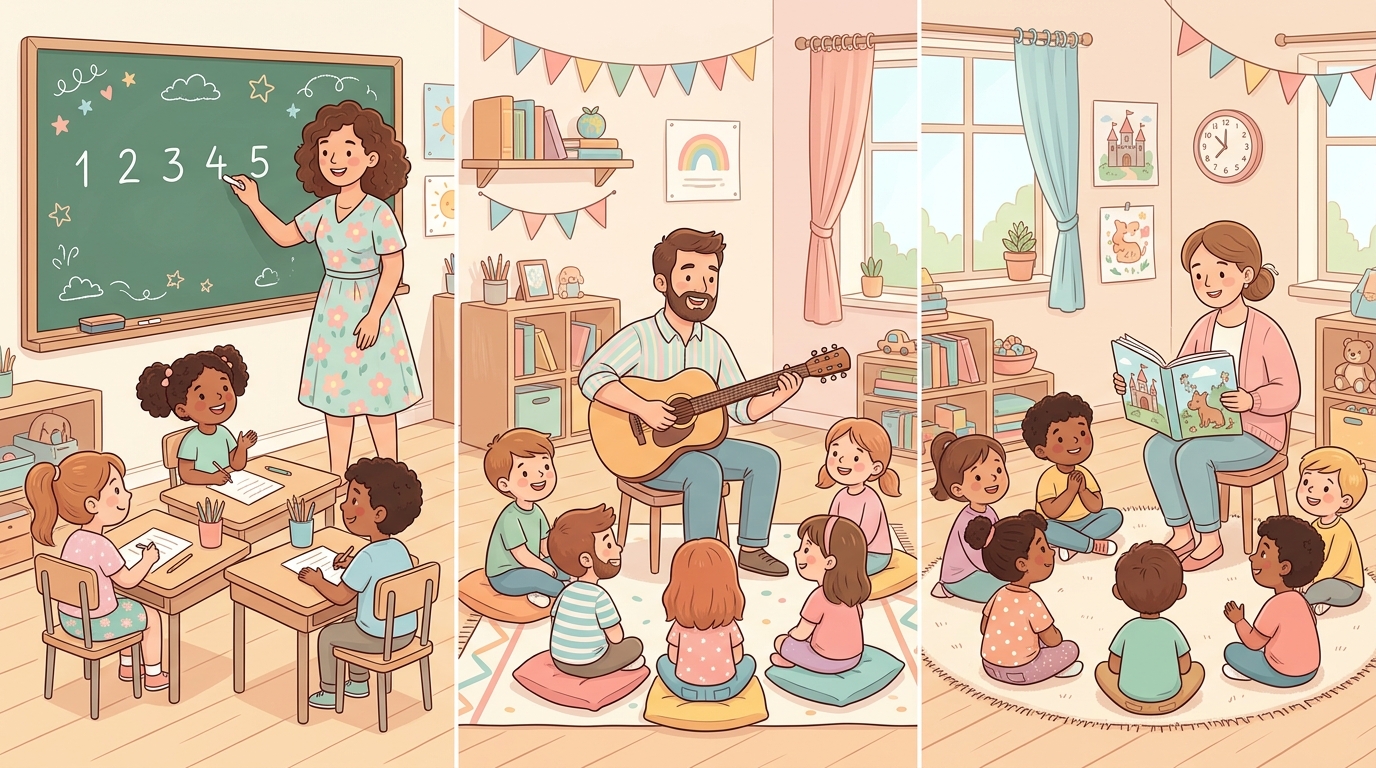 Trois professeurs en pleine action : maths au tableau, guitare et lecture d'histoire
